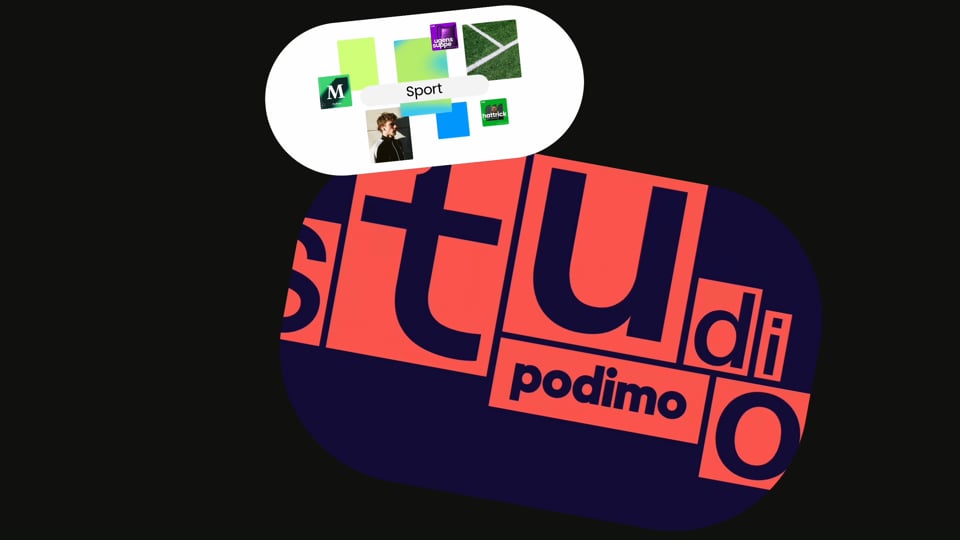 Podimo Studios logotype with show thumbnails on a dark background